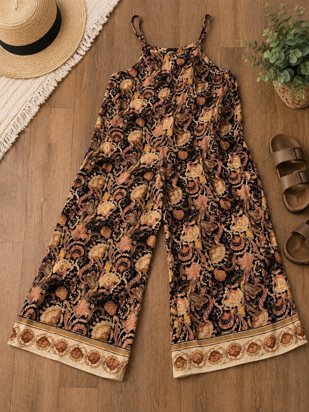 Luxveer Paisley Wide Leg Jumpsuit Black Boho Floral Sleeveless Pockets XL